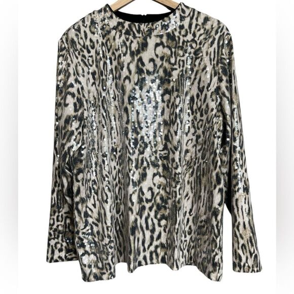 Chico’s long sleeve top animal print sequins large edgy mob wife holiday party - Picture 2 of 8